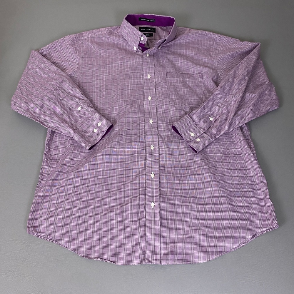 Paul Fredrick Dress Shirt Men's 18x34 Tailored Fit Non-Iron Cotton Purple Plaid